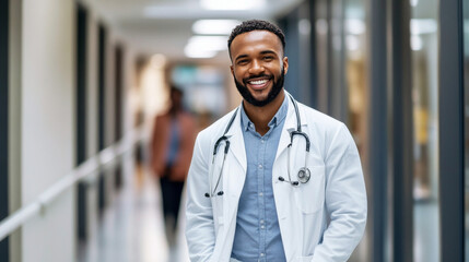 Obraz premium Doctor walking through hospital corridor, blurred background for contextual use