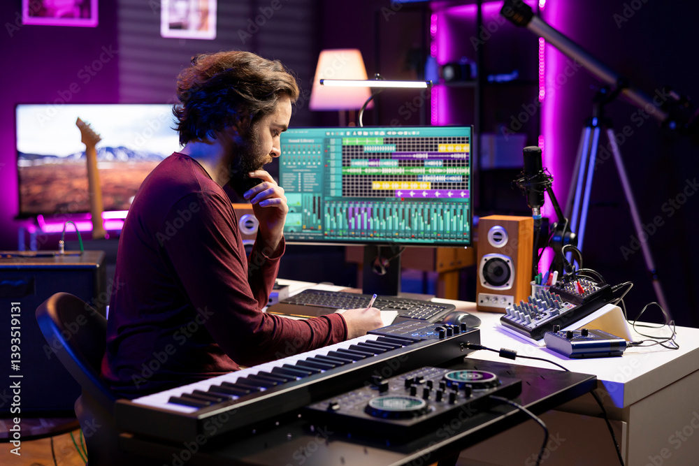 Poster young producer writing rhymes and words to create new music in home studio, thinking about harmonic 
