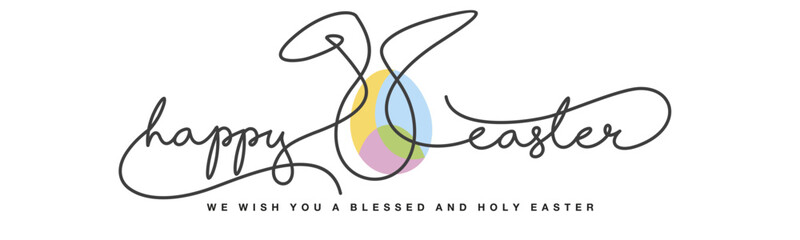 Happy Easter greeting card. Happy Easter continuous handwritten calligraphy typography line design pastel colorful egg with bunny ears in the middle on white background