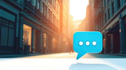A blue chat bubble displayed in a sunny city street scene