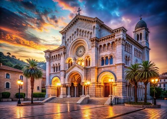 Obraz premium Mystical Monaco Cathedral Evening Facade A Surreal Old Town Night Scene Unveiling Architectural Wonders Under the