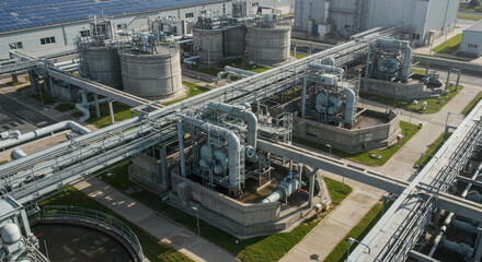 Modern water treatment plant cleans industrial wastewater. Purification tanks, processing reservoirs purify sewage water with industrial technology. Sustainable eco-friendly factory environment.