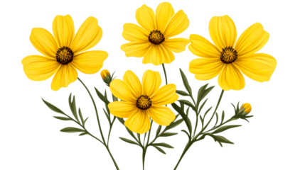Floral illustration with yellow daisies on transparent background, cut out transparent