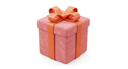 Obraz premium A blush pink gift box, elegantly tied with a vibrant orange ribbon, awaits a joyous celebration, a delightful surprise perfectly presented against a clean white background.