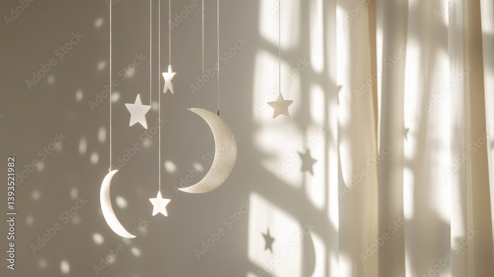 Aufkleber hanging moon and stars mobile casting gentle shadows on a wall in a softly lit room during daytime