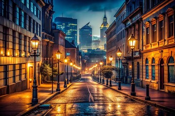 Fototapeta premium Enveloping Nightfall A Moody Urban Cityscape Captured in Low Light Perfect for Urban Night Photography Enthusiasts