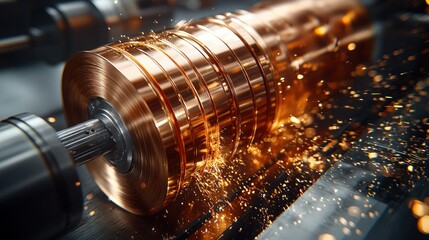 Metalworking lathe spinning, shavings fly, intense. Precision engineering