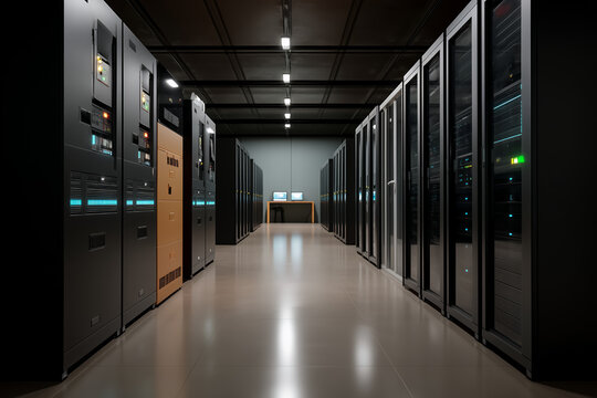 A dark, symmetrical server room captured from a centered aisle perspective
