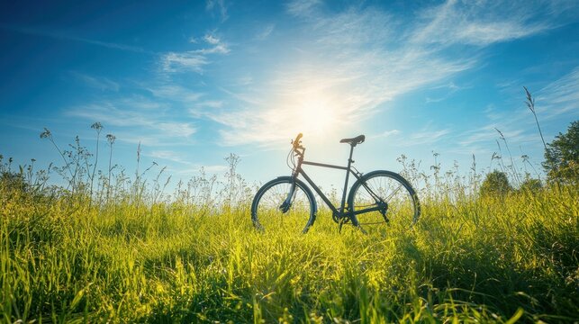 A silhouetted bicycle stands amidst a field of tall grass under a bright, sun-drenched sky. A peaceful, summery scene
