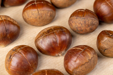 cutting the shells of edible chestnut nuts for baking, closeup