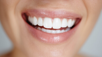 Obraz premium Close-up of a white clean smile glowing softly on a bright minimal background, woman smiling