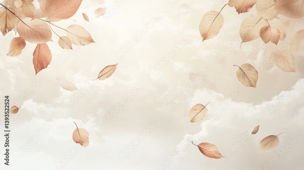 Poster Floating leaves and clouds create a harmonious blend in soft neutral colors evoking a sense of calm and natural rhythm in the atmosphere