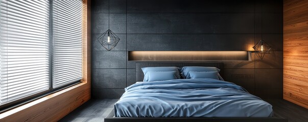 A contemporary bedroom with dark slate walls and smooth cedar wood paneling
