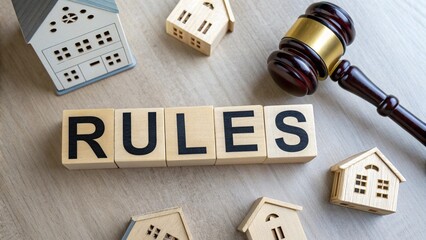 Blocks with the word Rules, a judge's gavel, and miniature wooden houses. laws, regulations, and guidelines govern property buying, selling, leasing, and managing. Flat lay