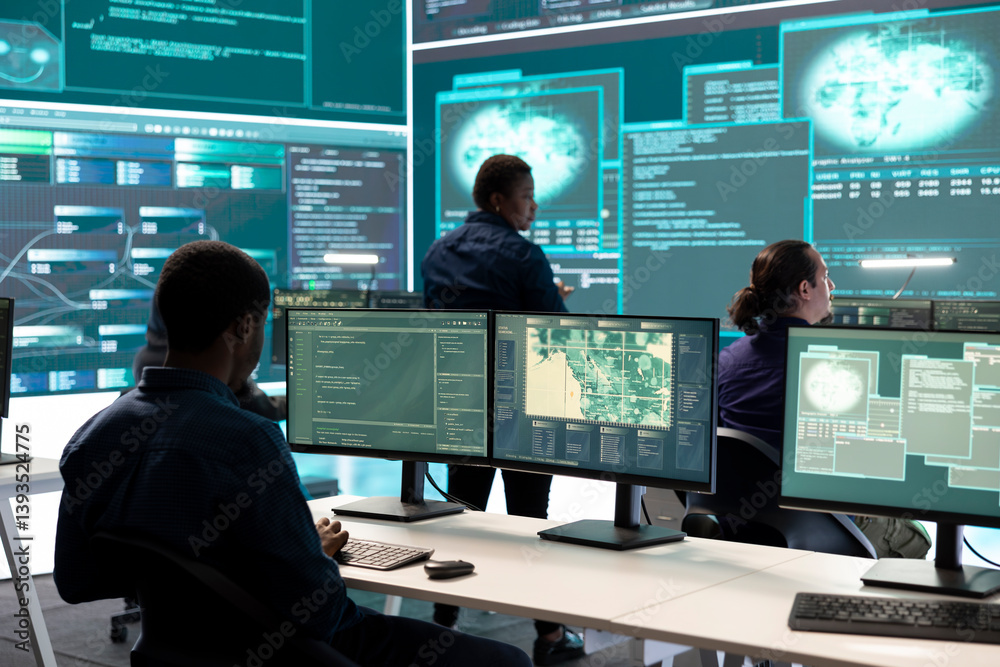 Poster governmental hacking group targeting sensitive information through high tech cyber attacks, digital 