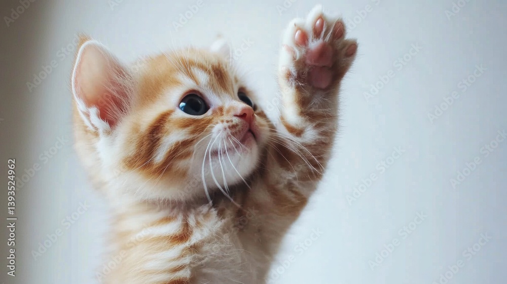 Poster Fluffy kitten raising paw in playful pose against a white background creating an adorable and minimalistic setting
