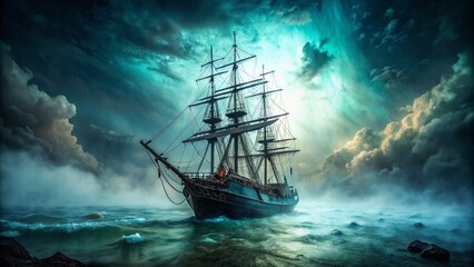 Fototapeta premium Unveiling the Secrets of a Maritime Enigma Double Exposure of an Antique Ship on the Mysterious Ocean