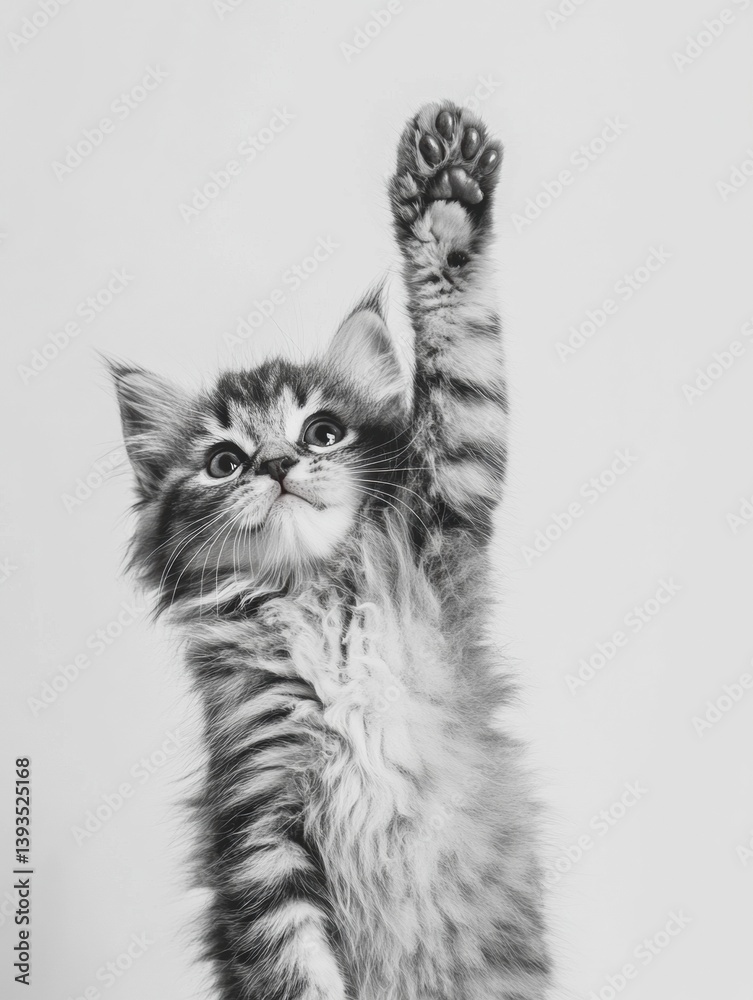 Poster fluffy kitten raising paw in playful and curious pose against a simple white background, showcasing 
