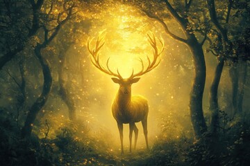 A mechanical stag stands in a mystical forest, its glowing antlers illuminating the surrounding trees and fog, casting an ethereal light in the dense, magical woods.
