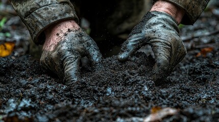 Fototapeta premium Muddy hands gripping dark, moist soil with forest background