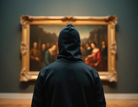 Hooded figure stands before museum painting. Artwork heist crime concept. Thief in gallery planning robbery. Criminal contemplates stealing invaluable fine art masterpiece. Dramatic scene with dark