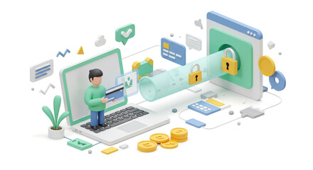 Obraz premium Secure online payment: A person confidently makes a digital transaction, their data flowing securely through a protected digital tunnel, illustrated with bright, playful 3D graphics.