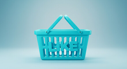 A light blue shopping basket filled with the word "LIKE" symbolizes the modern consumer's desire for engagement and social validation in a minimalist, clean setting.
