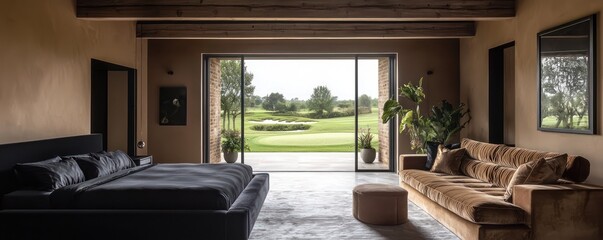 A contemporary farmhouse bedroom with walls painted in warm taupe, featuring a minimalist black bed and a plush velvet sofa