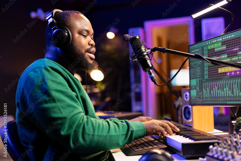 Poster young artist playing piano keys and singing song on microphone, composing his new music and mixing t