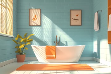 Modern Bathroom Interior Design: Vibrant Colors, Bathtub Relaxation, and Nature-Inspired Decor for a Spa-Like Aesthetic
