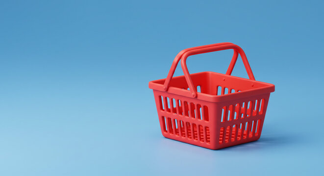 A vibrant red shopping basket sits empty against a serene blue background, symbolizing potential and the anticipation of a fulfilling shopping experience.