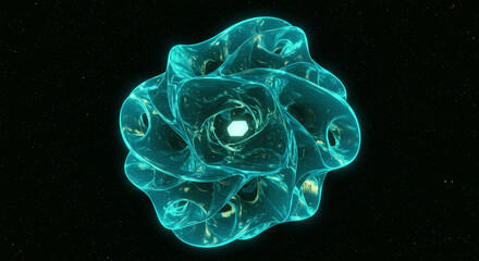 A mesmerizing turquoise nebula swirling in the cosmic void, a luminous heart glowing within its ethereal embrace against a dark starry backdrop.