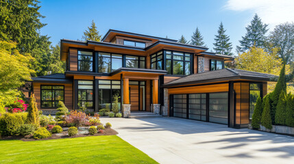 Fototapeta premium Strikingly large modern house with elegant architectural features