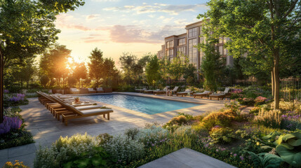 Obraz premium Sunset ambiance at a modern luxury residence with pool, seating area, and garden