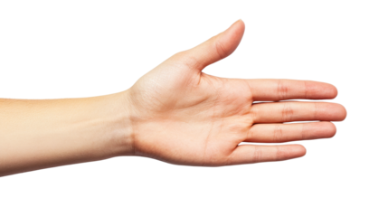 Woman's palm outstretched for greeting or invitation, cut out transparent
