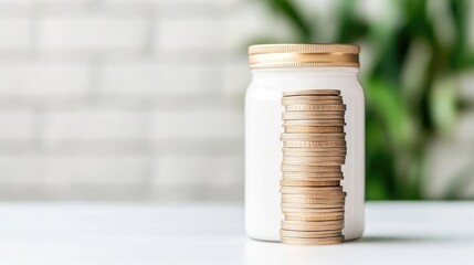 White jar with stacked coins, representing savings