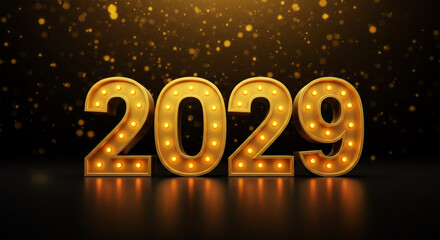 Glowing golden 2029 marquee lights sparkle against a dark background, heralding the arrival of a new year filled with hope and anticipation.