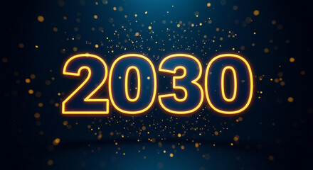 A luminous golden 2030 emerges from a shimmering, dark blue cosmos, a vibrant symbol of hope and anticipation for the future.