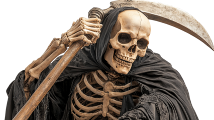 Png of A menacing skeletal figure draped in dark fabric, wielding a scythe, embodies a spooky atmosphere perfect for Halloween.