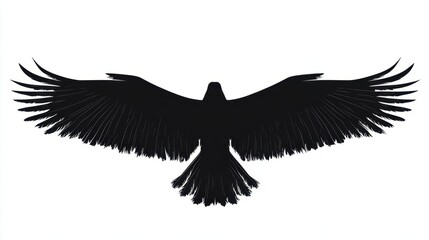 Naklejka premium Striking black silhouette of a bird with wings fully spread, evoking power and freedom. Detailed feather texture adds depth