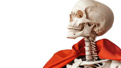 Png of A skeleton wearing a red superhero cape, showcasing a unique blend of playful and spooky vibes, perfect for Halloween themes.