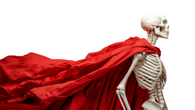 Png of A skeleton wearing a flowing red cape, striking a heroic pose against a black background, symbolizing strength and resilience.