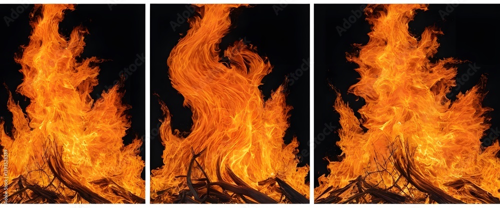 Aufkleber Four Fire Displays. Flames In Varied Intensity. Dynamic Fire Collection With Orange, Yellow And Red Hues. Ideal For Creative Projects And Background Designs.