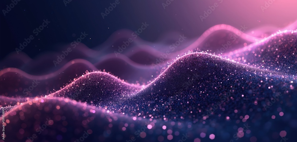 Poster abstract illustration of flowing wave network. digital network connections stream of data. particles