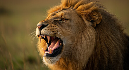 A majestic African lion roars at dawn, its golden mane ablaze in the warm light of the savanna.
