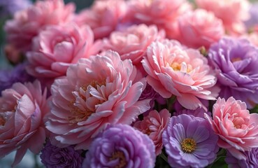 Vibrant floral arrangement pink purple blooms. Bouquet features rose dahlia peony blossoms. Romantic wedding gift, decoration design element. Lush colorful blooms. Ideal for various projects.