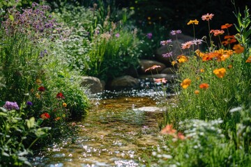 Colorful flower garden with a small stream