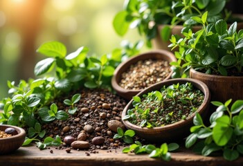 Fresh herbs and spices arranged in wooden bowls on a rustic table