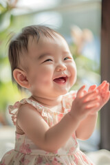 A baby girl with fair skin and dark hair is sitting, laughing, and clapping her hands. She is wearing a dress patterned with pink flowers. The background shows greenery and soft light.