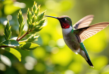Naklejka premium A vibrant hummingbird hovering near green foliage in a sunny garden